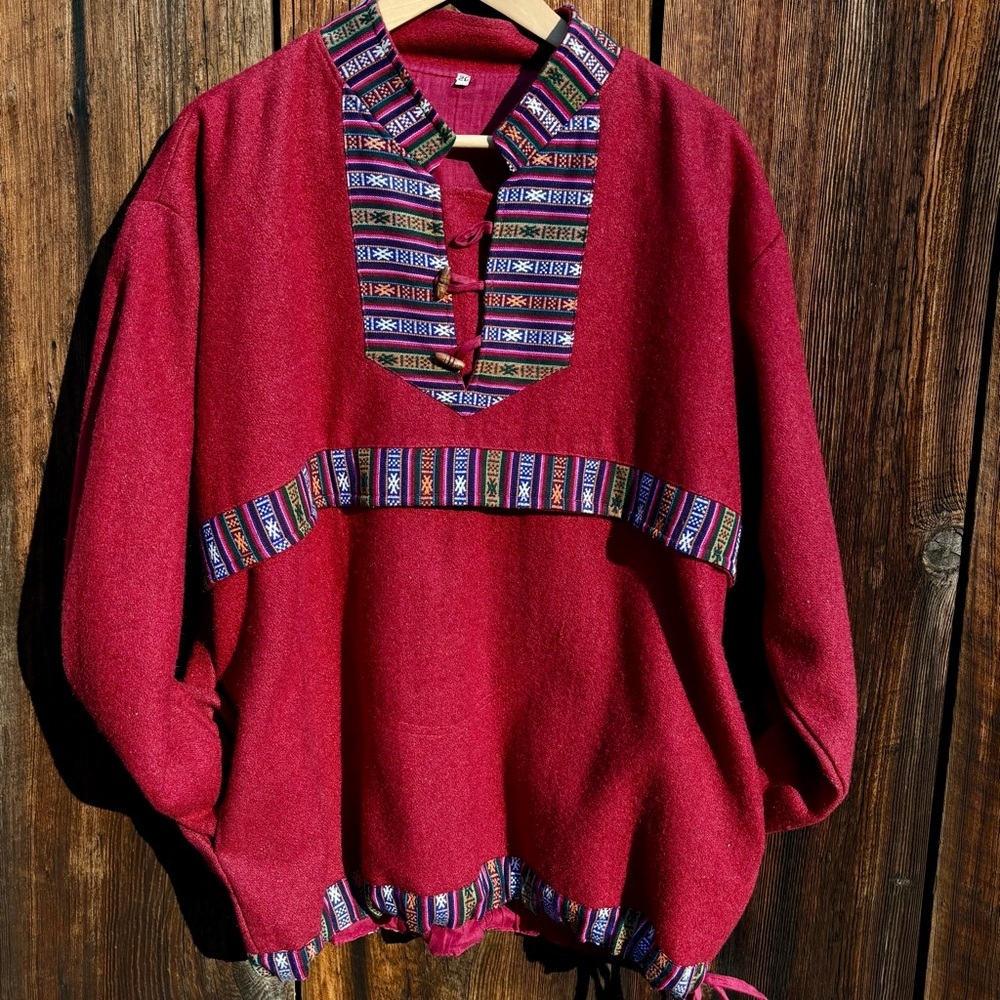 Nepalese Wool Pullover Deep Red with Patterned woven Trim Size XL - Picture 3 of 9